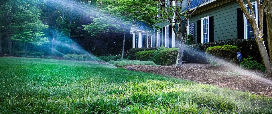 Front lawn in Cary, NC, with sprinkler heads spraying water.