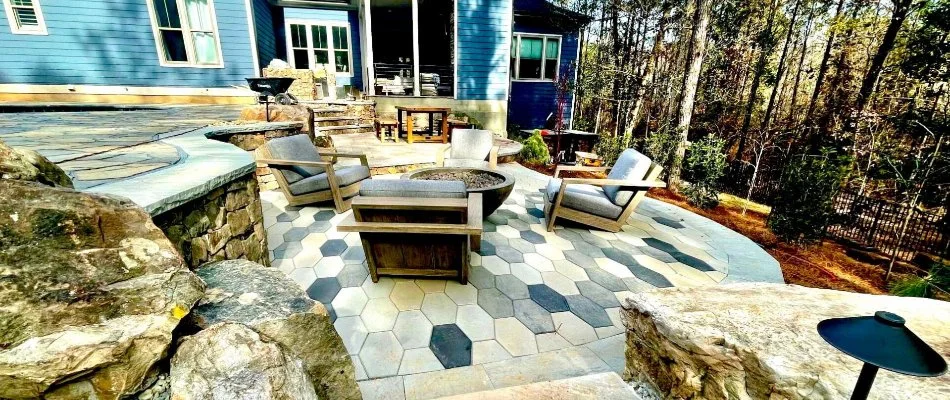 Outdoor space in Gorman, NC, with patio, fire pit, and chairs.